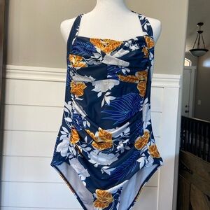 Elegant Floral One Piece Swimsuit in Navy and Orange